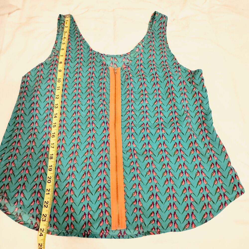 B Jewel Turquoise Scoop Neck Bird Print Tank Top Orange Trim Zipper Back Large - Picture 12 of 12